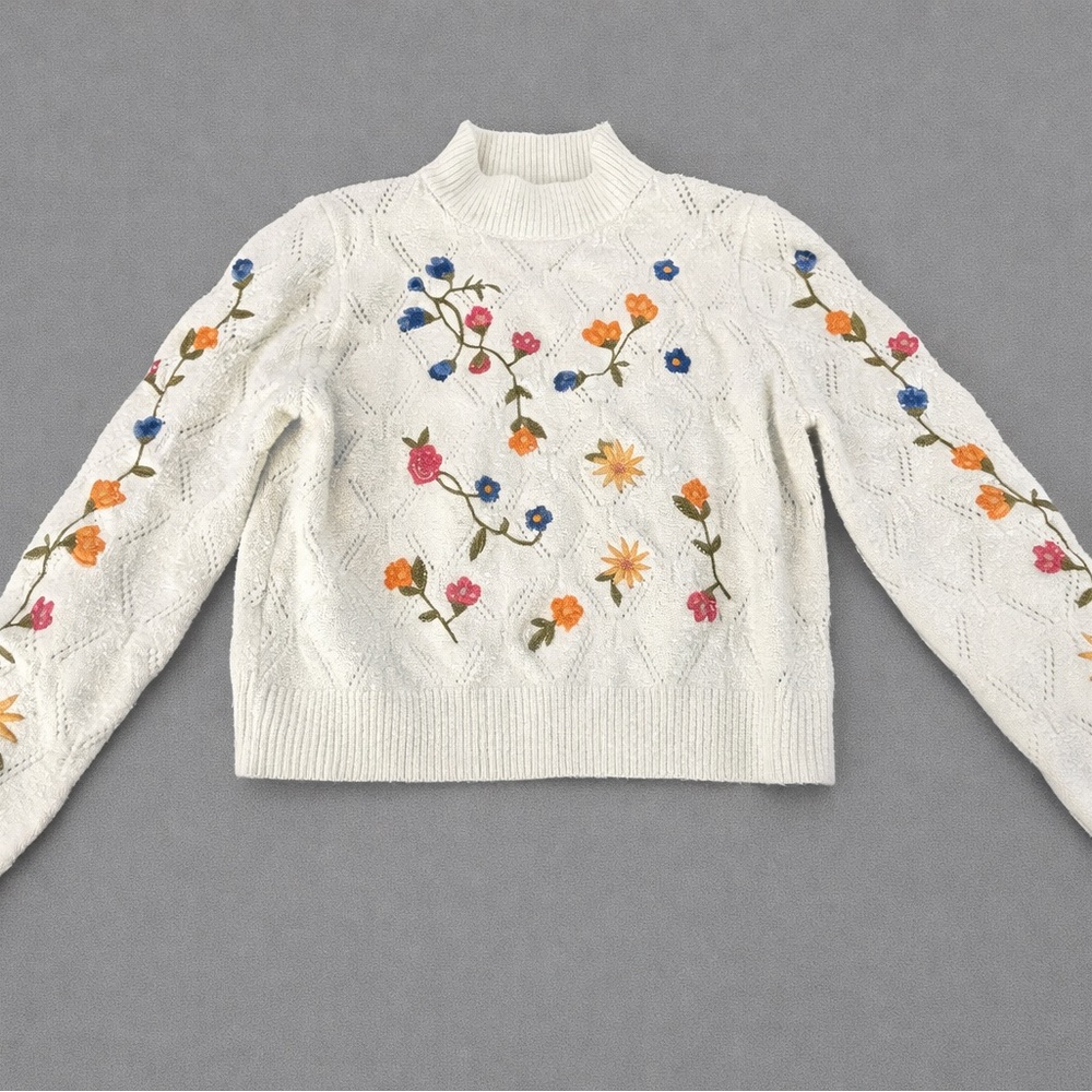 Francesca’s Cream Romantic Floral Embroidered Knit Sweater Cottagecore - Picture 2 of 7